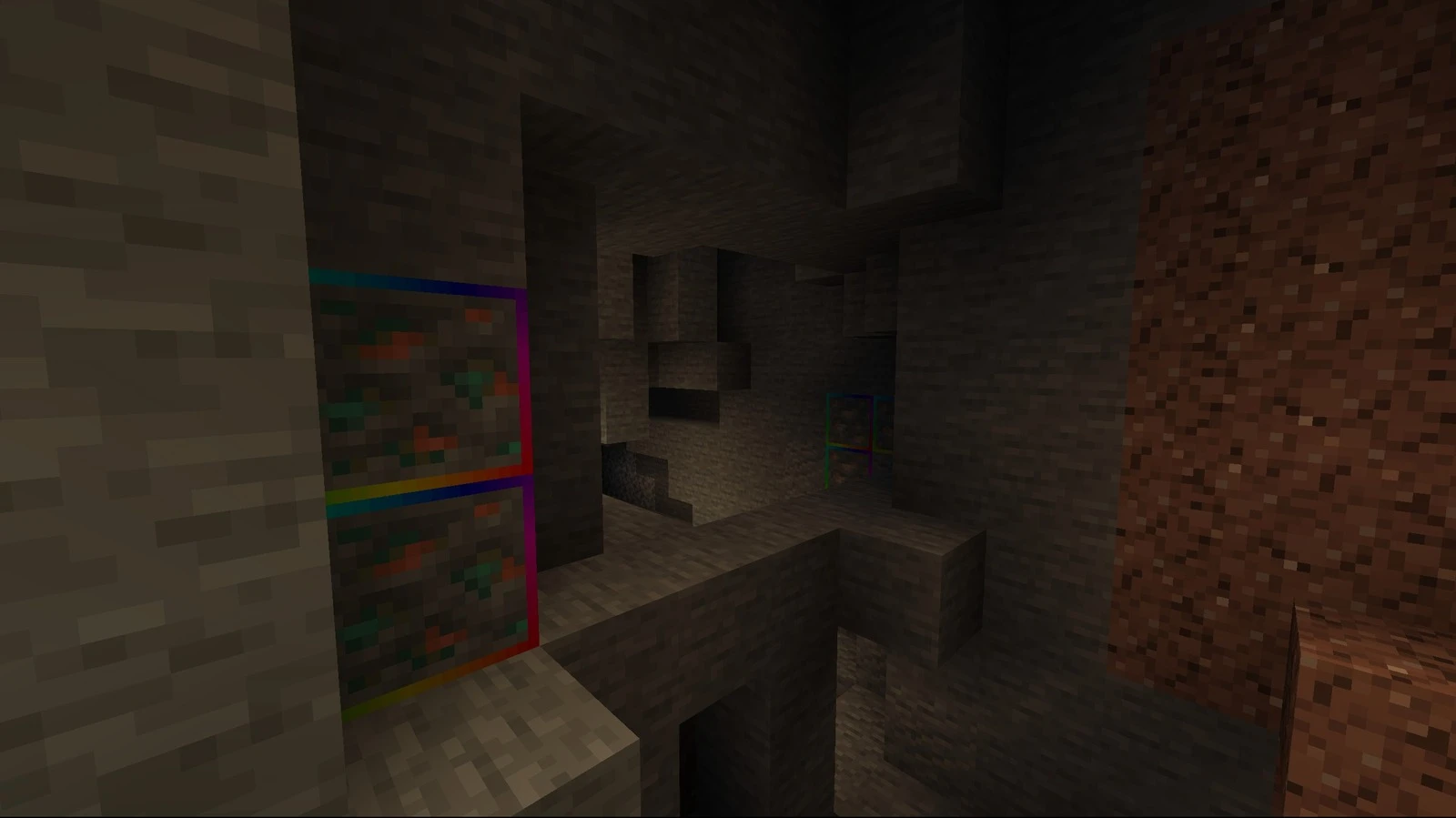 Copper ore in a cave, with the Gradient Ores texture pack (RGB Outline)