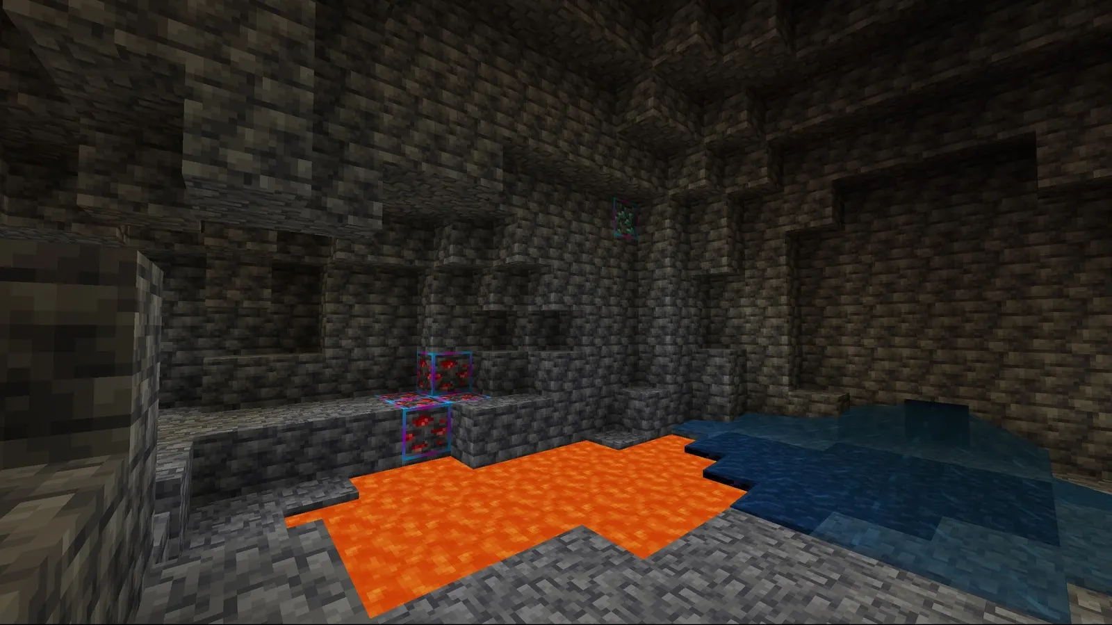 Redstone ore in a cave outlined with the Gradient Ores texture pack (Neon Lights Outline)