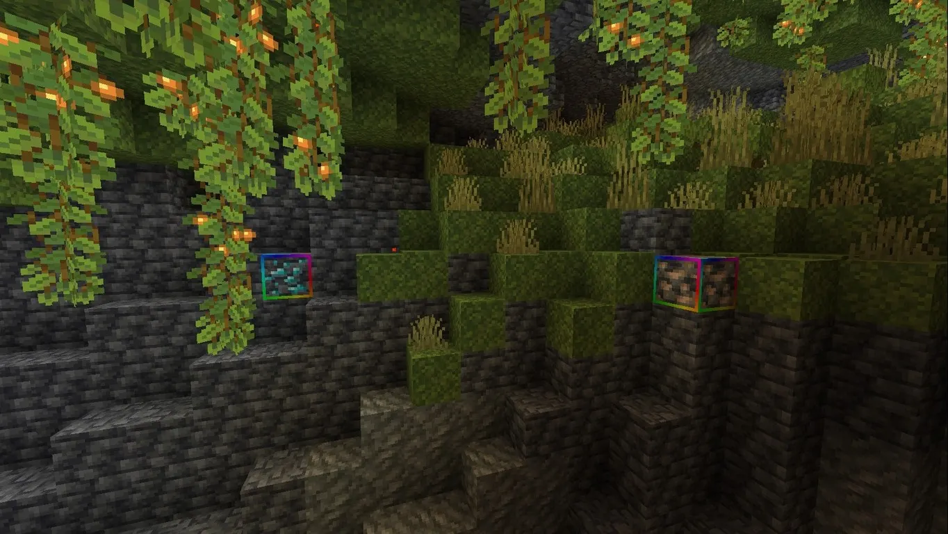 Iron and diamond ore in a lush cave biome. Ores are outlined with the Gradient Ores texture pack (RGB Outline)