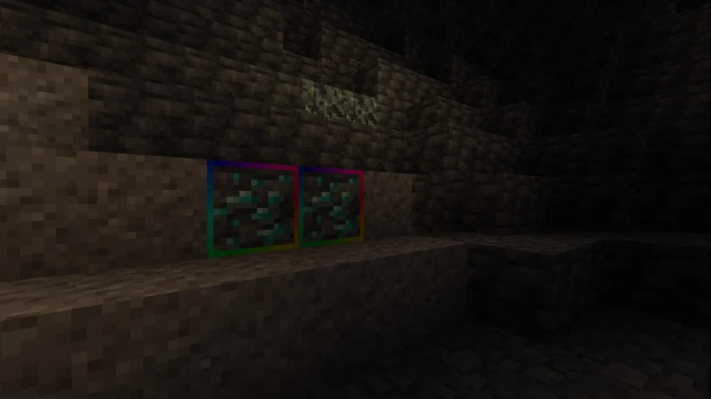 Diamond ore in a cave outlined with the Gradient Ores texture pack (RGB Outline)